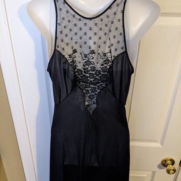 Formfit Rogers Vintage Black Satin & Lace Sleeveless Maxi Nightgown Chemise - 6P - Picture 7 of 9
